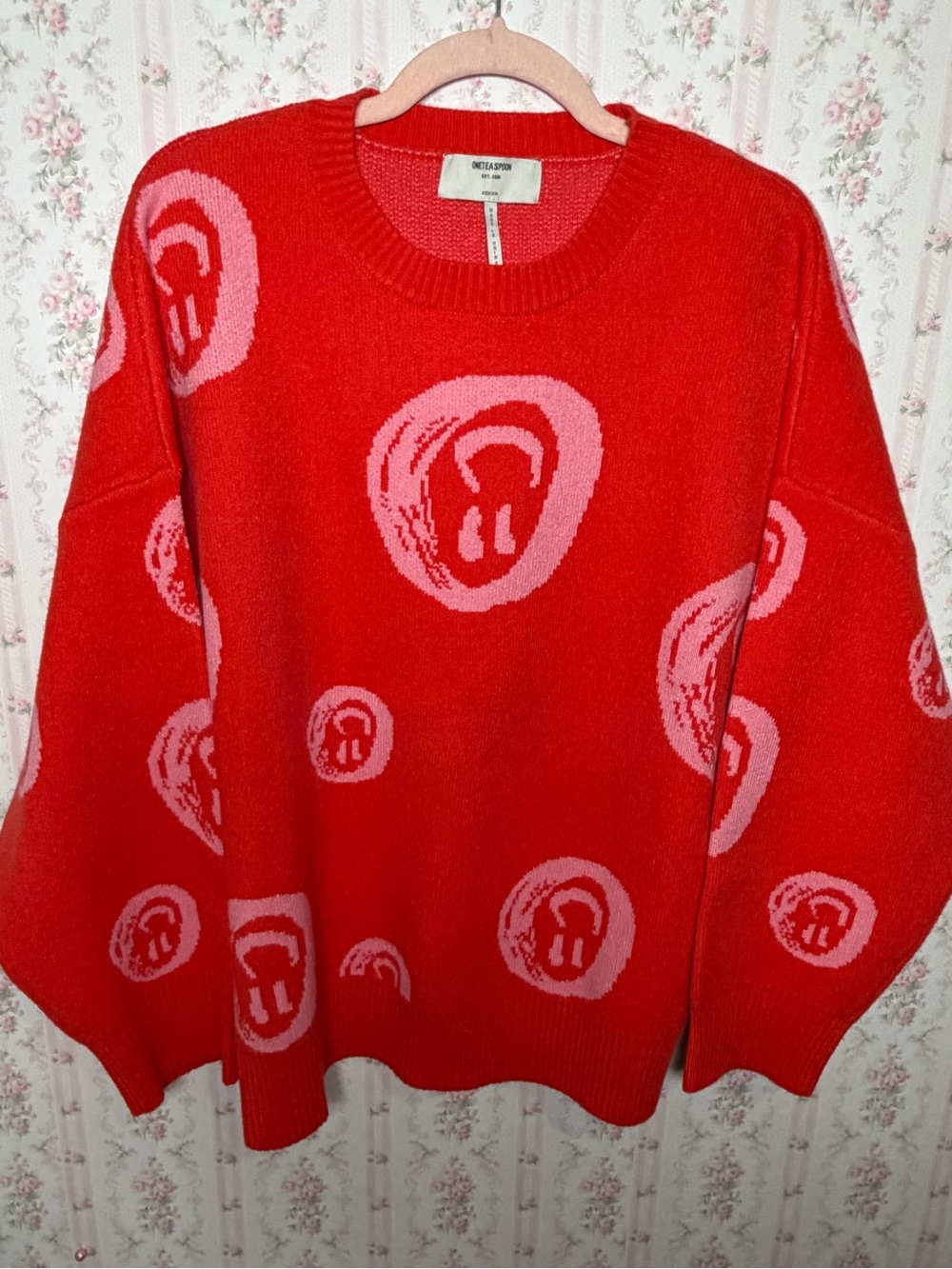 One Teaspoon Graphic Knit Sweater Orange Pink All Smiles M